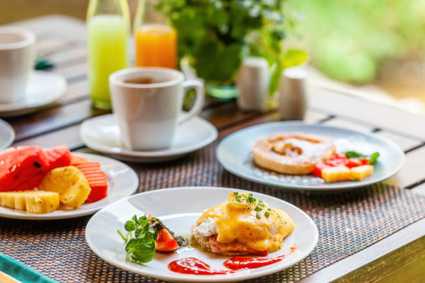 istock Healthy breakfast with delicious tropical fruits, eggs 1519496510