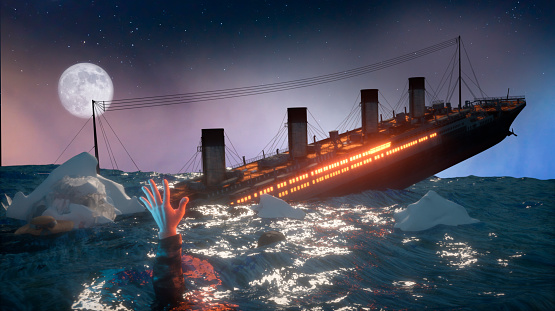 Reconstruction of the wreck of the Titanic liner crash about Iceberg in 1912, render 3d