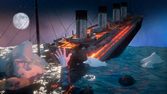 Reconstruction of the wreck of the Titanic liner crash about Iceberg in 1912, render 3d