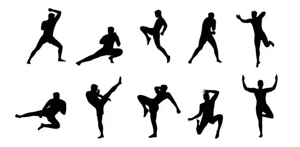 Vector illustration of Set of Muay Thai character in different poses. Martial arts fighter.