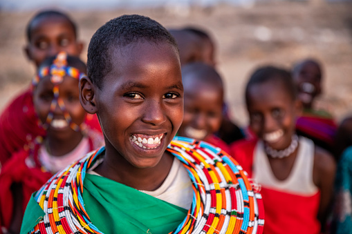 Group of happy African children from Samburu tribe, Kenya, Africa. Samburu tribe is north-central Kenya, and they are related to  the Maasai.
