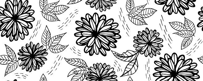 Seamless pattern modern abstract flowers and leaves asters.  Hand drawn vector botanical background.  Black  ink illustration with floral motif.