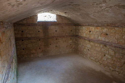 Torreaguila Roman Villa remains, Barbano, Badajoz, Spain. summer underground room