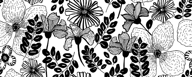 Seamless pattern modern abstract exotic leaves and flowers. Hand drawn vector botanical background.  Black  ink illustration with floral motif.