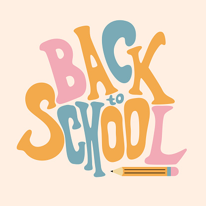 Retro style groovy lettering Back to school. Vintage calligraphy. Cool typeface. Back to school trendy typography with graphite pencil. Vector slogan for design