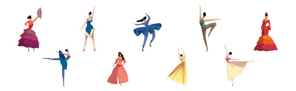Young Woman Performing Different Folk Dances Moving Gracefully Vector Set Young Woman Performing Different Folk Dances Moving Gracefully Vector Set. Female Artist Dancing Concept sequence dress stock illustrations