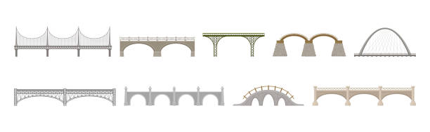 Bridges Made of Metal and Concrete with Baluster Vector Set Bridges Made of Metal and Concrete with Baluster Vector Set. Structure with Pier for Spanning or Providing Passage Over the Obstacle Concept hanging stone stock illustrations