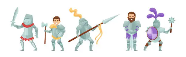 Vector illustration of Knight from Middle Ages in Iron Armour Suit Holding Sharp Spear and Ax Vector Set