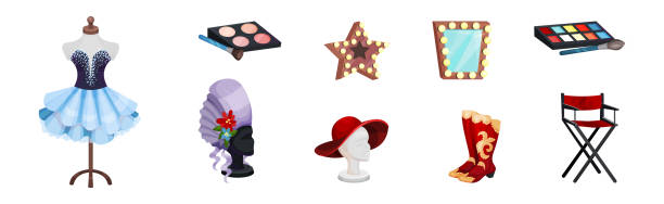 ilustrações, clipart, desenhos animados e ícones de objetos de camarim teatral e conjunto vetorial de acessórios - wig hat mannequin isolated