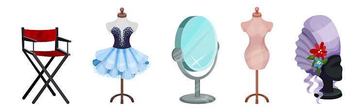 Theatrical Dressing Room Objects and Accessory Vector Set. Theater Item and Attribute for Stage