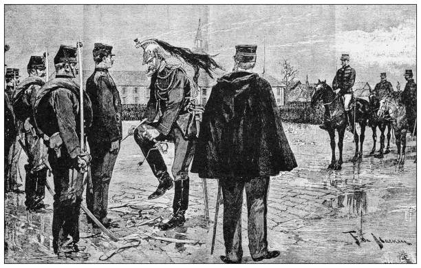 Antique image from British magazine: Breaking of Alfred Dreyfus' sword, Court of Ecole Militaire Antique image from British magazine: Breaking of Alfred Dreyfus' sword, Court of Ecole Militaire ecole stock illustrations