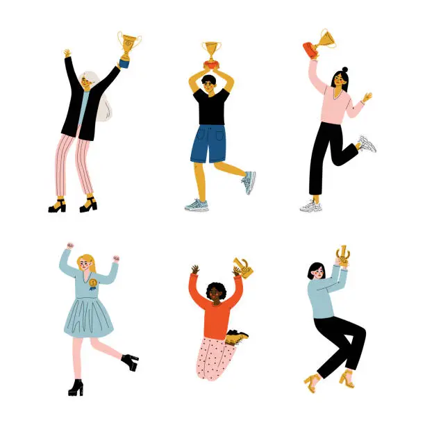 Vector illustration of Successful young joyful people celebrating victory with winner cups set. Happy winners holding trophy and awards cartoon vector illustration