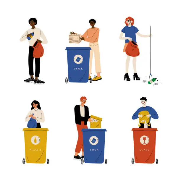 Vector illustration of People throwing garbage bag into trash cans set. Male and female characters sorting garbage for recycling caring about nature cartoon vector illustration