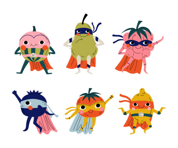 Superhero fruit and vegetables set. Happy pear, raspberry, blueberry, lemon, tomato in cape and mask cartoon vector illustration Superhero fruit and vegetables set. Happy pear, raspberry, blueberry, lemon, tomato in cape and mask cartoon vector illustration isolated on white tomato face stock illustrations