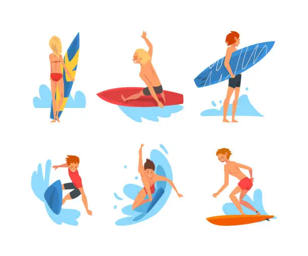 Vector illustration of Set of happy people surfing in sea or ocean set. Surfers in beachwear riding surfboards cartoon vector illustration i
