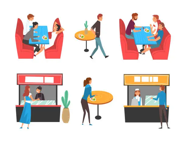 Vector illustration of People sitting at tables and eating fast food set. People selling and buying meal at food court in shopping mall or business center cartoon vector