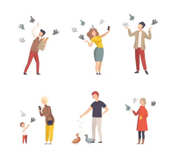 Vector illustration of Different people feeding, making selfie with pigeons while walking in park set cartoon vector illustration