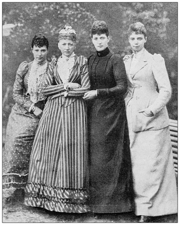 Antique image from British magazine: Queen of Denmark and her daughters, Dowager Empress of Russia, Princess of Wales, Duchess of Cumberland