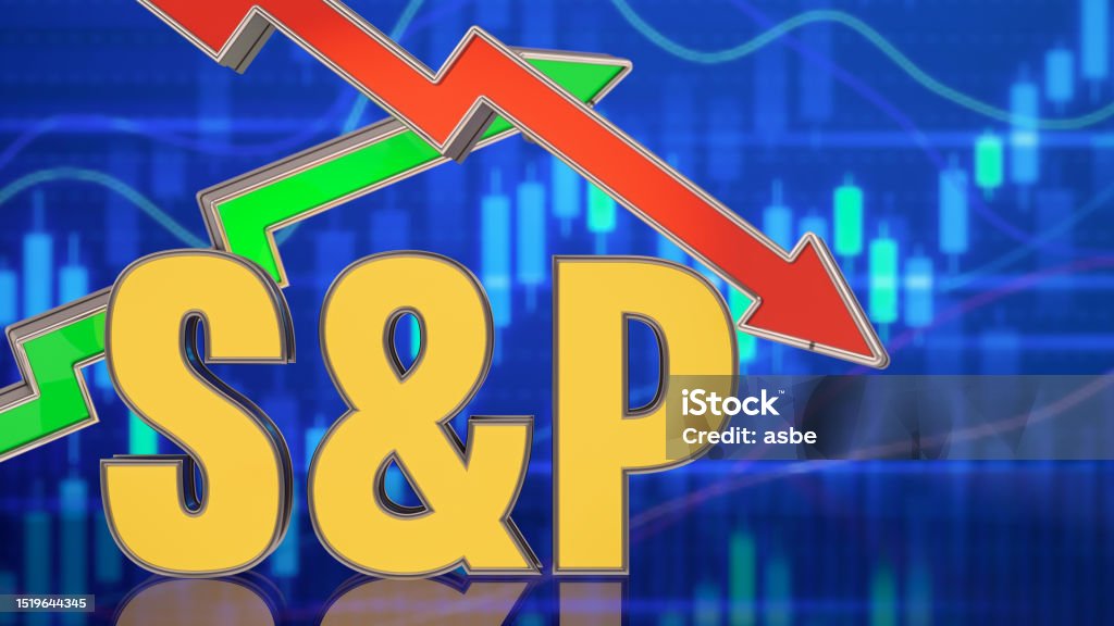 S&P 500 Stock Market Trading Concept with Up and Down Arrows and a  Financial Chart as a Background S&P 500 Stock Market Trading Concept with Up and Down Arrows and a  Financial Chart as a Background. 3D Render Abundance Stock Photo