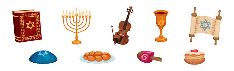 Menorah, Torah, Goblet, Scroll, Pastry and Dreidel as Hanukkah Symbols for Jewish Holiday Celebration Vector Set. Traditional Religious and Ethnic Israeli Objects Concept