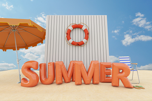 Hot Summer Beach Concept Summer Balloons on Sand. 3D Render