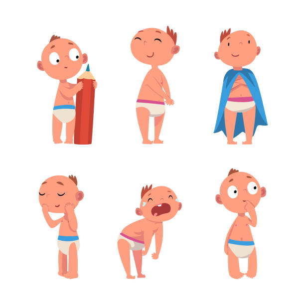 귀여운 아기 ctivities 세트입니다. defferent 감정 만화 벡터 삽화를 가진 활동적인 아기 캐릭터 - ctivities stock illustrations