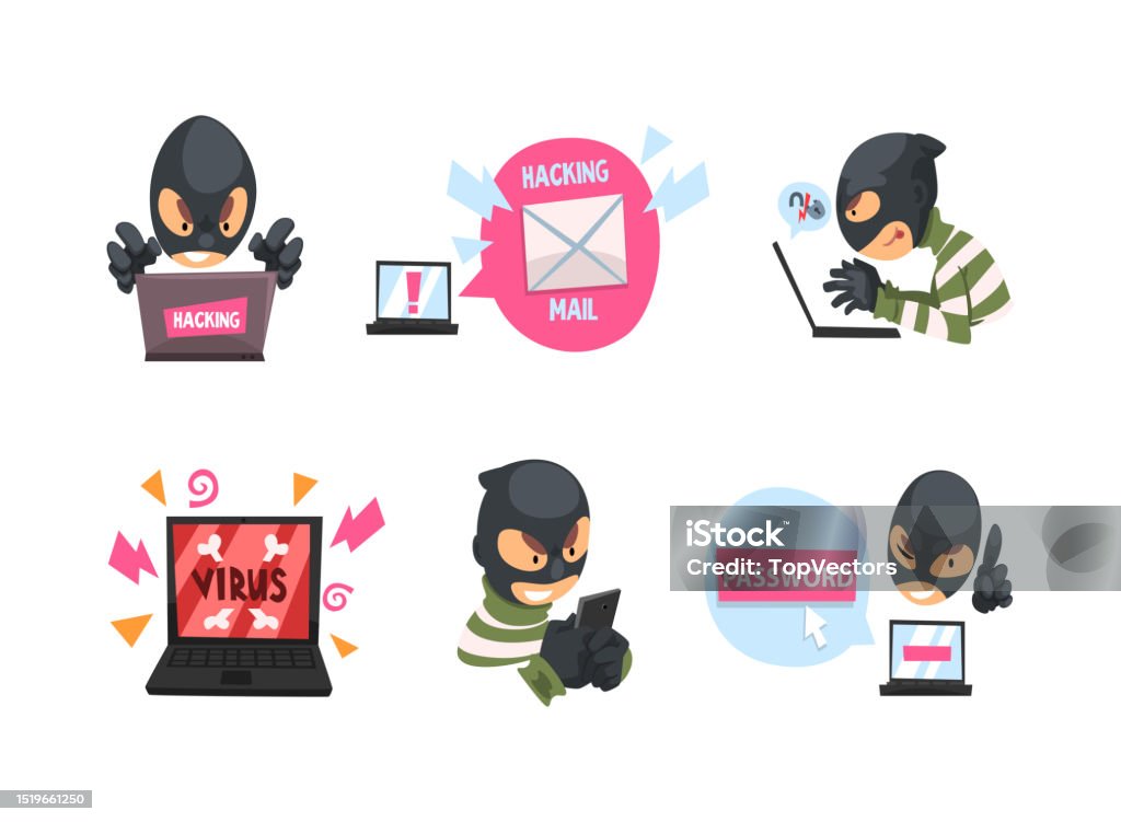 Cartoon Hacking Screen Masked Hacker Hacking Devices For Stealing Data And Money Set Cyber ...