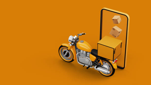 istock Delivery Courier service, online shopping, motorcycle with parcel box, 3d rendering 1519666138