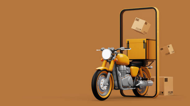 istock Delivery Courier service, online shopping, motorcycle with parcel box, 3d rendering 1519666140