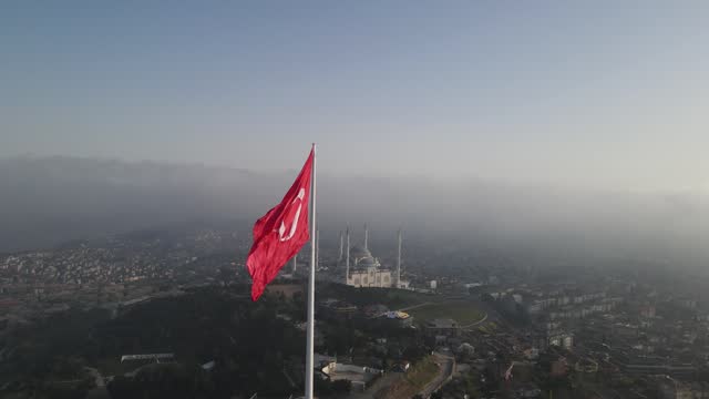 Turkish Flag in the Sunset Drone Videoo, 15 July Martyrs Bridge Beylerbeyi Uskudar, Istanbul Turkey