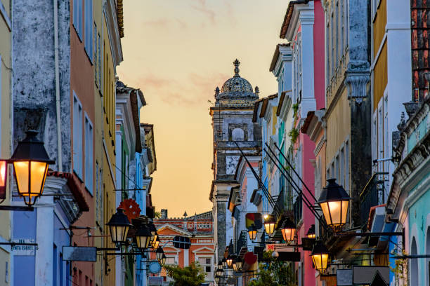 street with historic houses in the pelourinho - pelourinho imagens e fotografias de stock