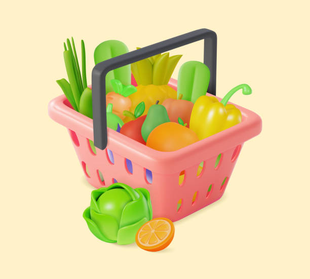 istock 3d Shopping Basket with Different Fresh Vegetables and Fruits Cartoon Style. Vector 1519686486