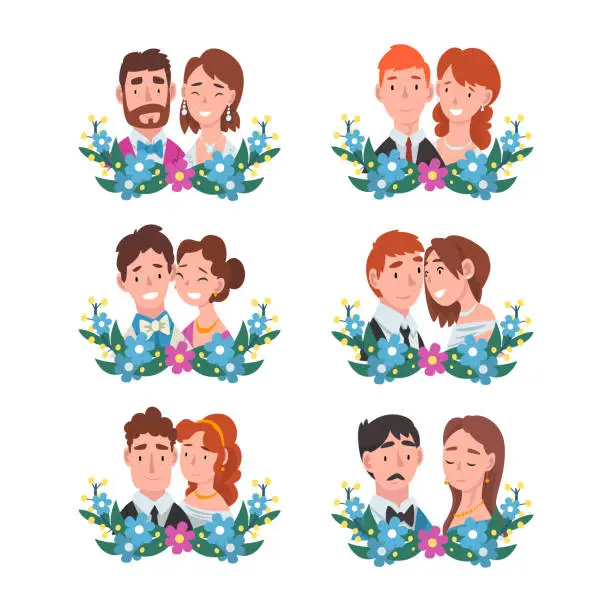 Vector illustration of Portraits of happy romantic bride and groom in wreath of flowers set cartoon vector illustration