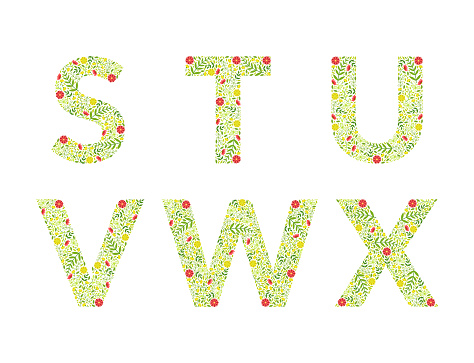 S,t,v,w,x floral alphabet letters. Capital letters made flowers and green leaves cartoon vector illustration isolated on white