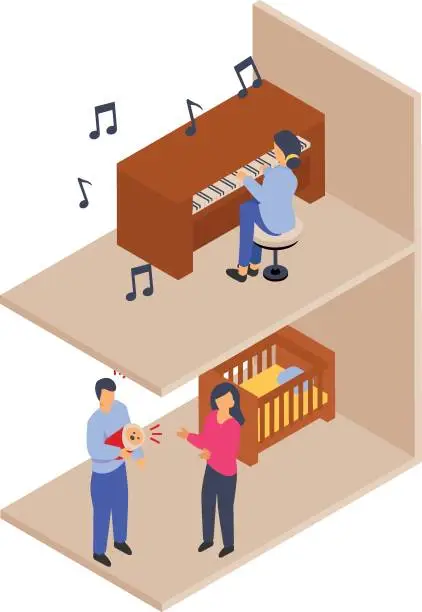 Vector illustration of Noisy pianist neighbor isometric Concept,  Baby Cant Sleep Loud Piano Vector Color Icon Design, neighbourhood conflicts Stock illustration, bad neighbors Symbol