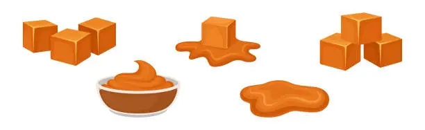 Vector illustration of Caramel as Dark-orange Confectionery Product Made by Heating Sugar Vector Set