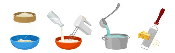 Vector illustration of Cooking and Food Preparation Process with Kitchen Utensils and Ingredient Vector Set