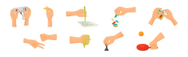 Vector illustration of Human Hand Playing Different Game with Toys Vector Set