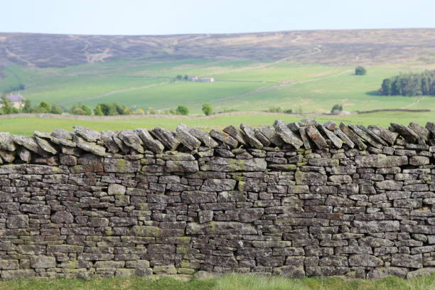 istock Old dry stone wall, with green countryside and moorland beyond 1519697802