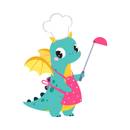 istock Cute Turquoise Little Dragon with Wings Wearing Apron and Chef Toque Holding Ladle Vector Illustration 1519698869