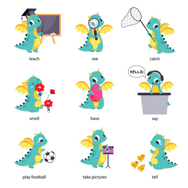 zabawna postać smoka i angielski czasownik learning vector set - hello angielskie słowo stock illustrations