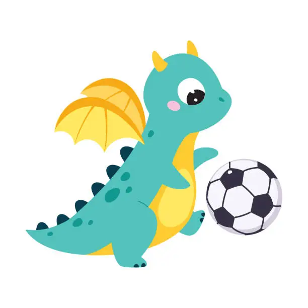 Vector illustration of Cute Turquoise Little Dragon with Wings Playing Football Vector Illustration