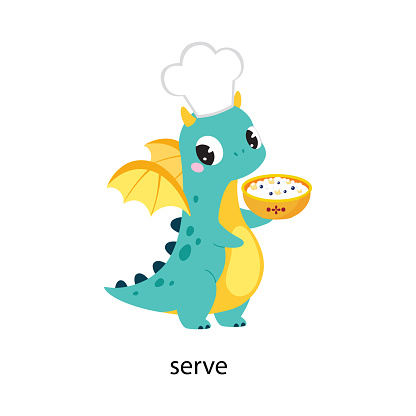 istock Funny Dragon Character Serving Dish Demonstrating English Verb Vector Illustration 1519698912