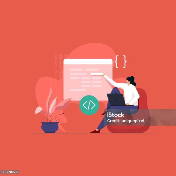 Female It Developer At Workplace Programmer Working On Laptop With ...