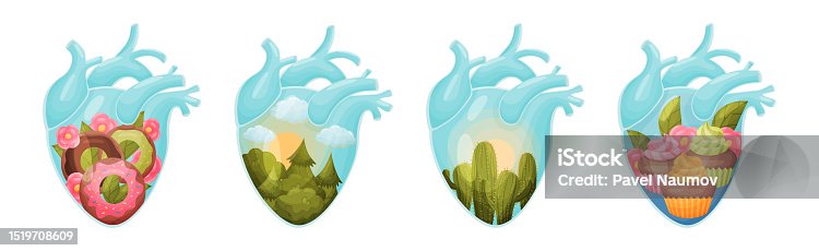 istock Human Hearts with Vessels and Scenes Inside Vector Set 1519708609