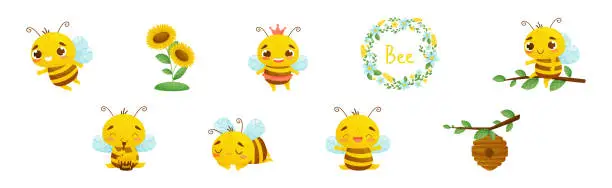 Vector illustration of Cute Striped Bee Character with Honey Vector Set