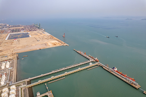 Bird's view of the port construction site on the sea