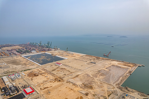 Bird's eye view of the construction site of the port