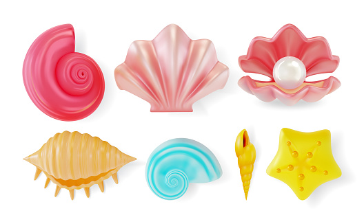 3d Color Mollusk Seashells Different Forms Set Cartoon Style Symbol of Seafood, Travel or Pearl. Vector illustration of Seashell