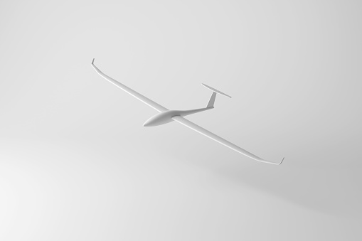 White glider flying in mid air on white background. Illustration of the concept of air sports and military reconnaissance